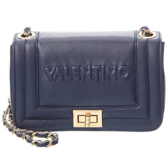 Valentino Handbags - NWT - Valentino - Midnight Blue Leather Gold Chain Embossed Shoulder Bag